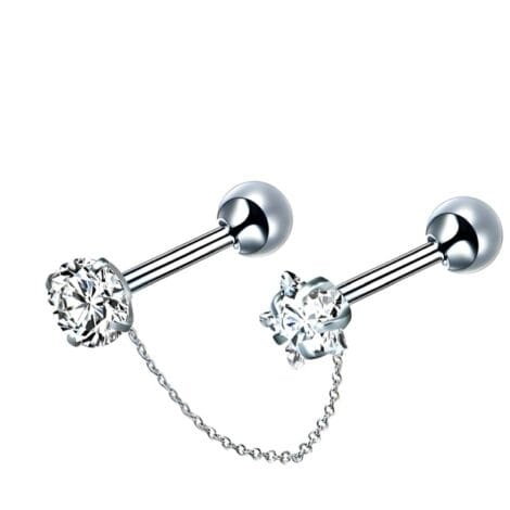 Barbells with Prong Set Star and Round CZ Tops Chain Linked