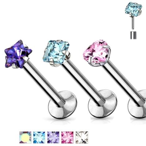 Labret Cartilage Stud with Threadless Push In Prong Star Heart Square CZ