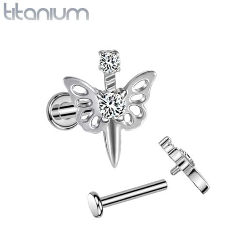 Implant Grade Titanium Dagger Labret Threaded With CZ Butterfly Wings