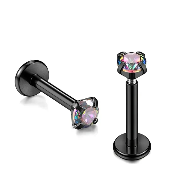 Labret Cartilage Stud Threadless Push In Top in Black with Prong Vitrail
