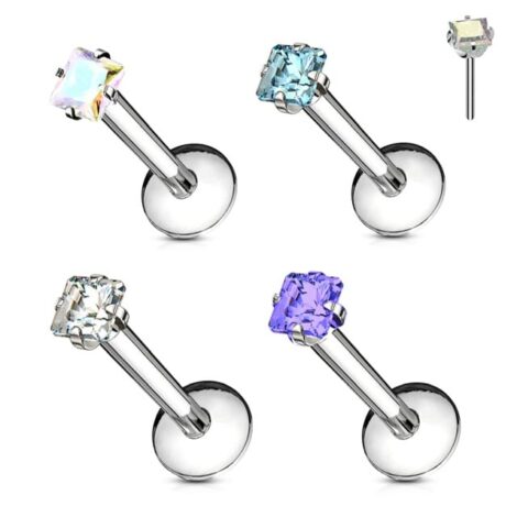 Labret Cartilage Stud with Threadless Push In Prong Star Heart Square CZ - Image 4