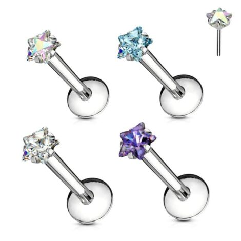 Labret Cartilage Stud with Threadless Push In Prong Star Heart Square CZ - Image 2