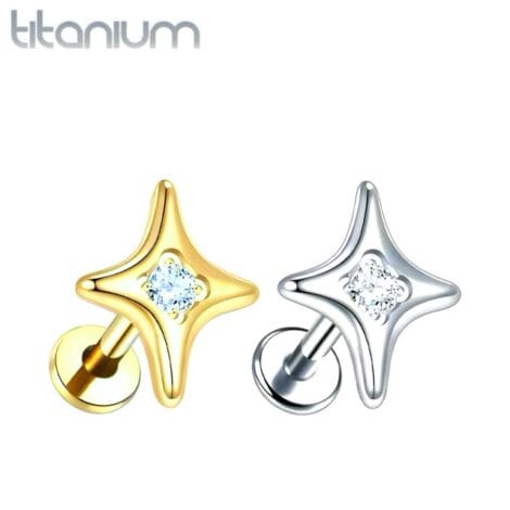 ASTM Titanium Labret with CZ Pointed Star Top, Internally Threaded