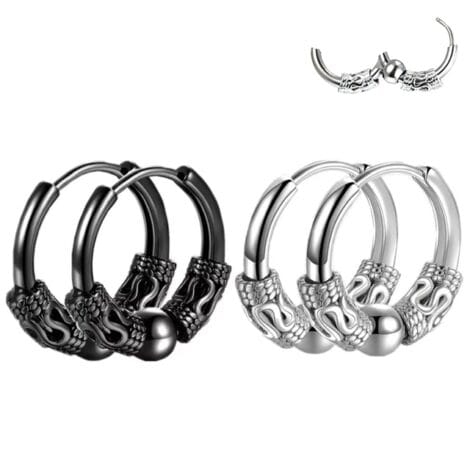 Hinged Hoop Earrings with Center Ball and Viking Totem Rings