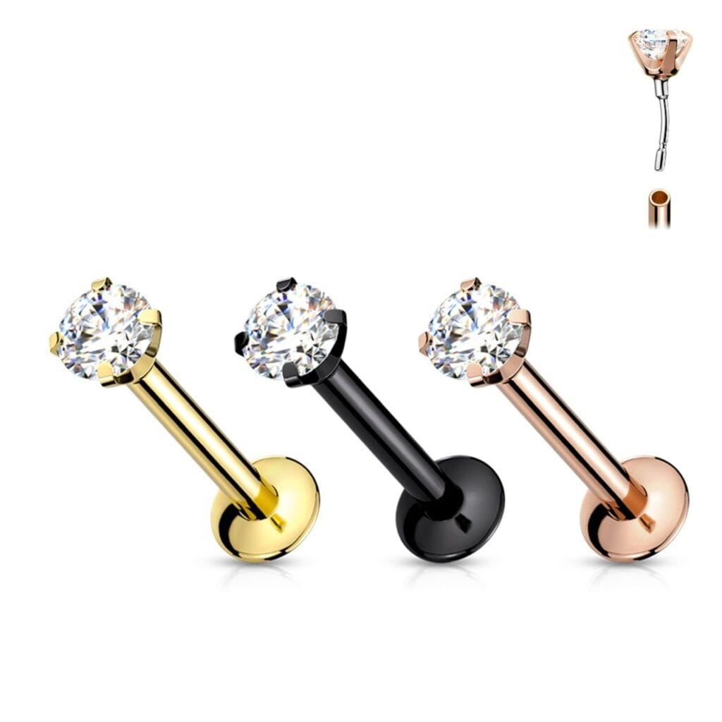 316L Surgical Steel Labret with Threadless Push in Prong Round CZ PVD Colours