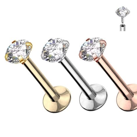 Labret Cartilage Stud with Threadless Push In Prong Round CZ