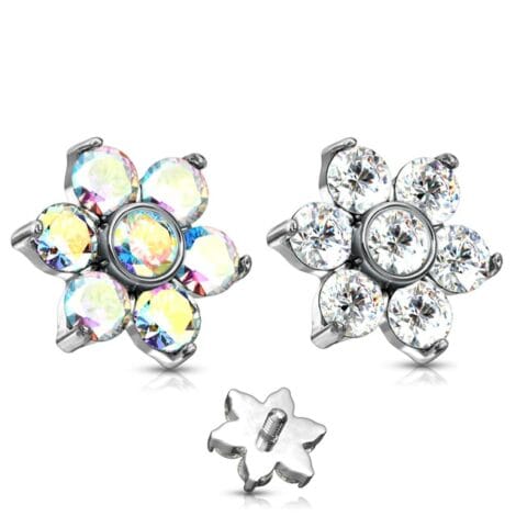 Zircon Prong Set Flower 316L Surgical Steel Internally Threaded Dermal Top