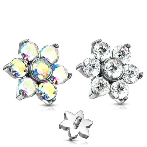 Zircon Prong Set Flower 316L Surgical Steel Internally Threaded Dermal Top