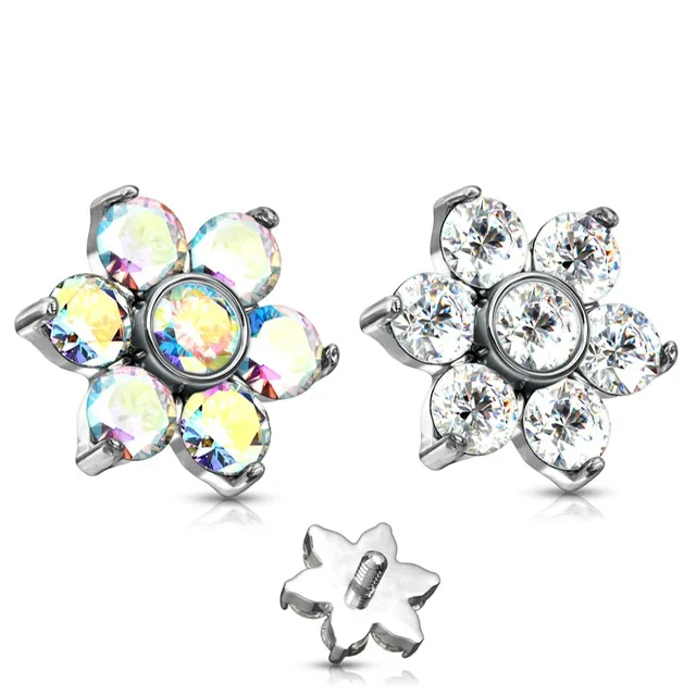 Zircon Prong Set Flower 316L Surgical Steel Internally Threaded Dermal Top