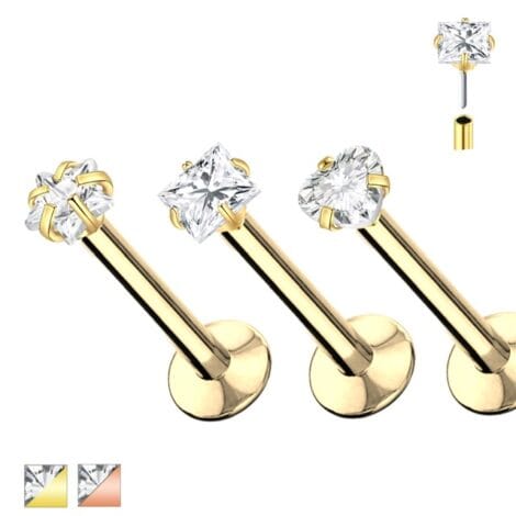 Labret Cartilage Stud with Threadless Push In Prong Star Heart Square CZ in Gold