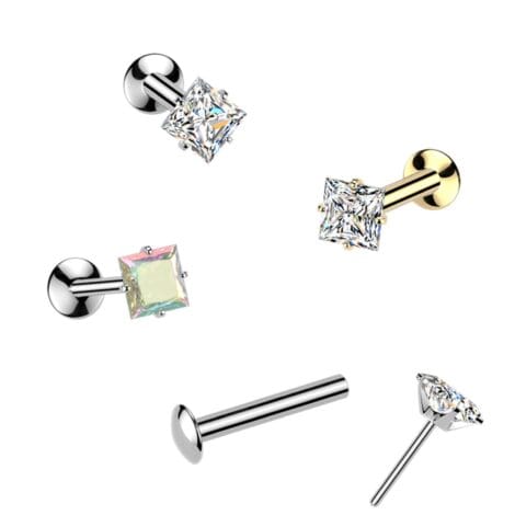 316L Surgical Steel Labret with Threadless Push In Prong Set Square CZ Top