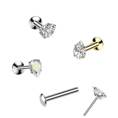 316L Surgical Steel Labret with Threadless Push in Prong Set Pear CZ