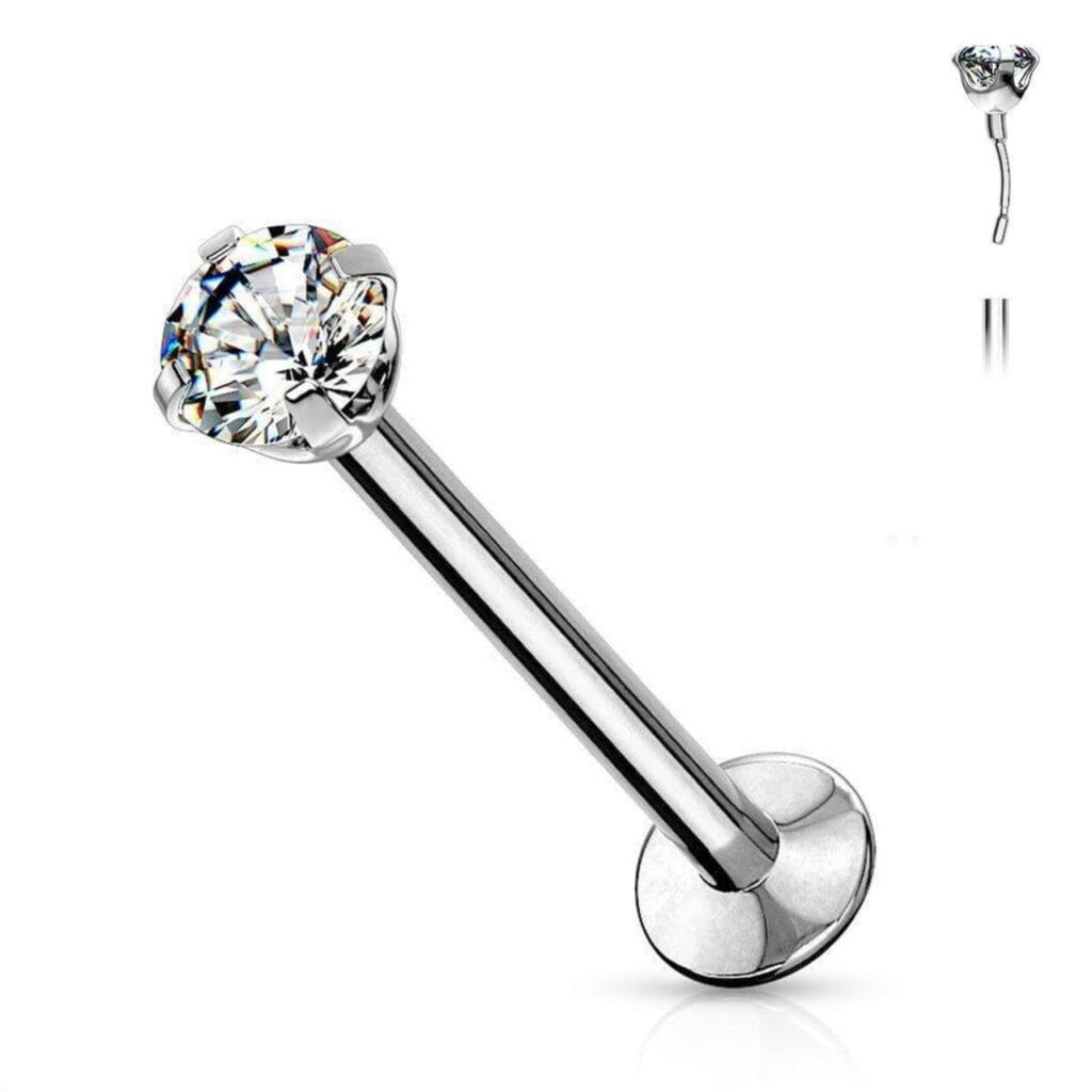 316L Surgical Steel Labret with Threadless Push In Prong Round CZ Top