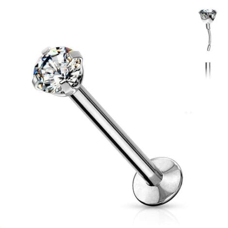 316L Surgical Steel Labret with Threadless Push In Prong Round CZ Top