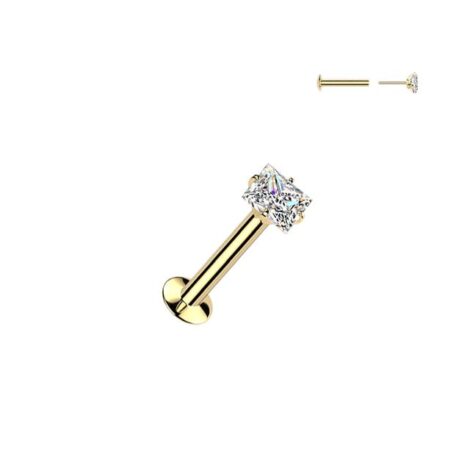 316L Surgical Steel Labret with Threadless Push In Prong Set Square CZ Top - Image 2