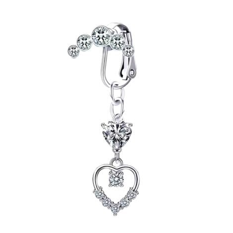 Fake Clip On 5 Gem Belly Ring with Double Heart Charms