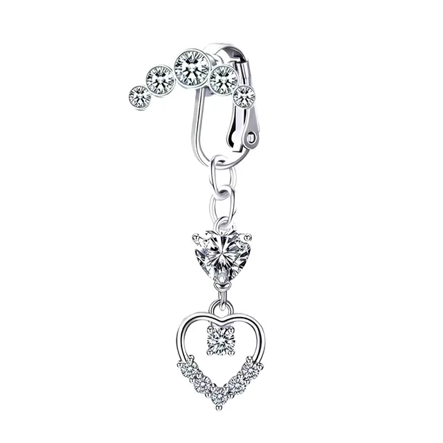 Fake Clip On 5 Gem Belly Ring with Double Heart Charms
