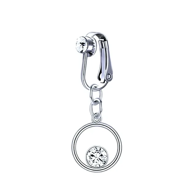 Fake Clip On Belly Ring with Gem Ball and Dangling Gem Circle
