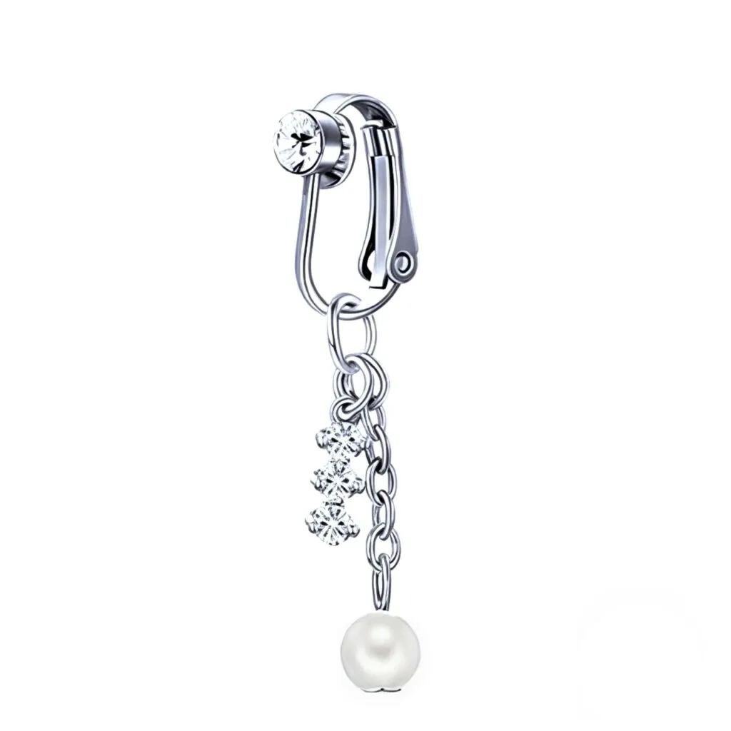 Fake Clip On Gem Belly Ring with Dangling Chains Crystals and Pearl