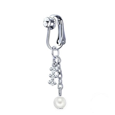 Fake Clip On Gem Belly Ring with Dangling Chains Crystals and Pearl