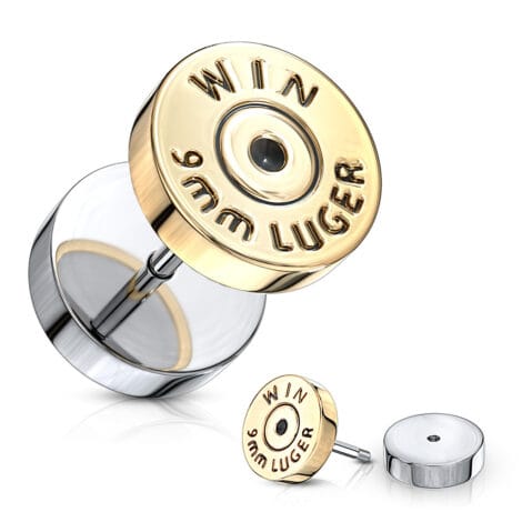 Fake Bullet Plug Pairs with Win Luger Back in Gold IP Over 316L Surgical Steel