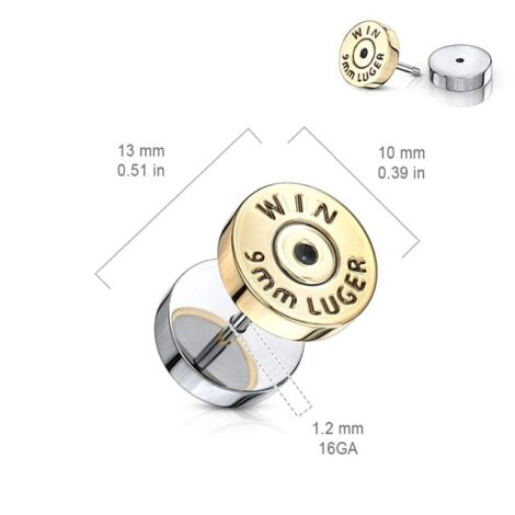 Fake Bullet Plug Pairs with Win Luger Back in Gold IP Over 316L Surgical Steel - Image 4