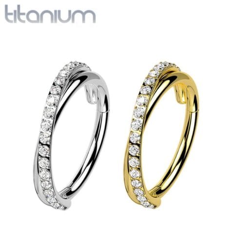 Implant Grade Titanium Hinged Criss-Cross Segment Ring Crystal Paved