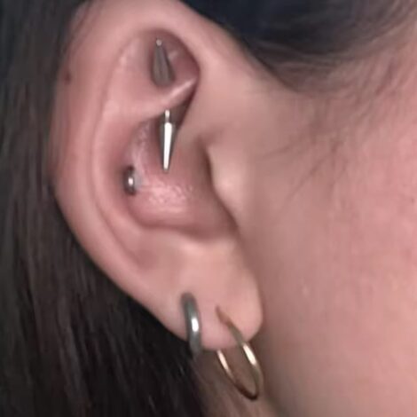Curved Barbell with Double Spikes Eyebrow, Rook Piercings - Image 4