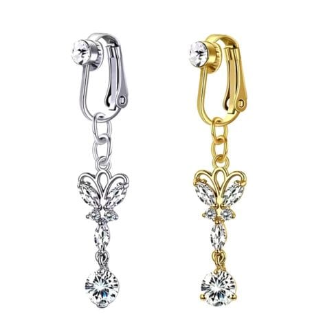Fake Clip On Belly Ring with Gem Top, Butterfly and Gem Dangles