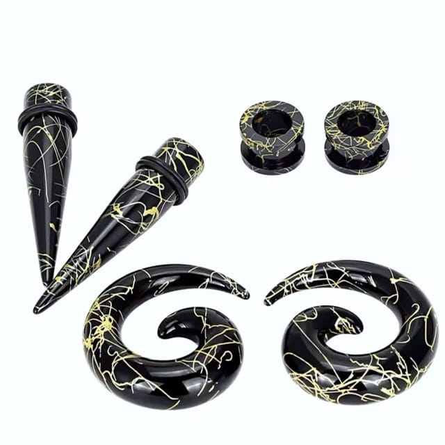 Black Acrylic Marbled Gold 6PC Set of Tunnels, Tapers, Spiral Plugs