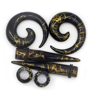Black Acrylic Marbled Gold 6PC Set of Tunnels, Tapers, Spiral Plugs