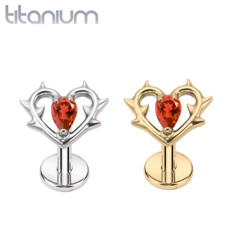Titanium Heart Labret With Thorns and Red CZ Top Threaded