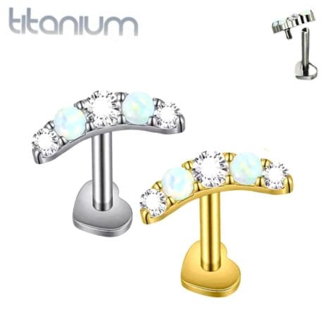 Titanium Curved Opal and CZ Labret with Heart Base, Threaded