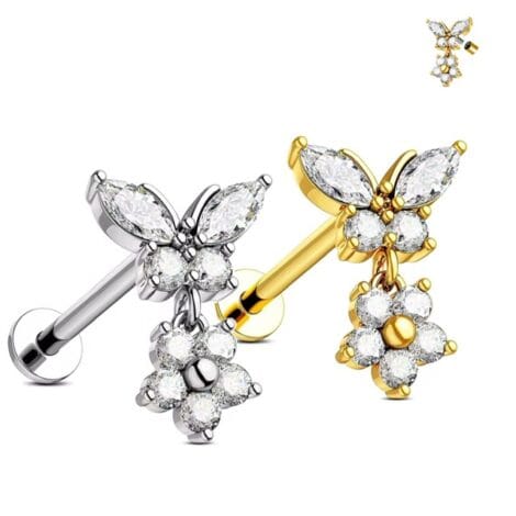 CZ Butterfly and Flower Top Labret Threaded Cartilage Earring