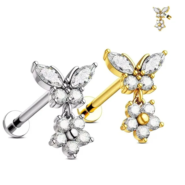 CZ Butterfly and Flower Top Labret Threaded Cartilage Earring