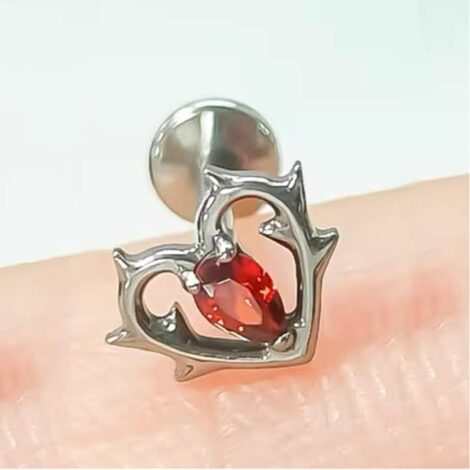 Titanium Heart Labret With Thorns and Red CZ Top Threaded - Image 2