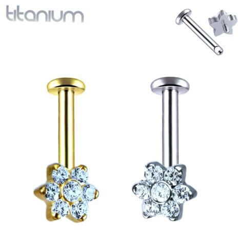 Titanium Forward Facing CZ Flower Labret, Vertical Helix, Side Thread