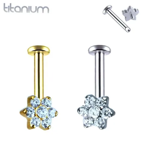 Titanium Forward Facing CZ Flower Labret, Vertical Helix, Side Thread