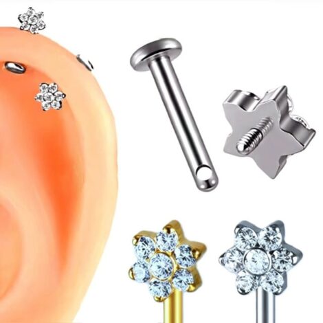 Titanium Forward Facing CZ Flower Labret, Vertical Helix, Side Thread - Image 2