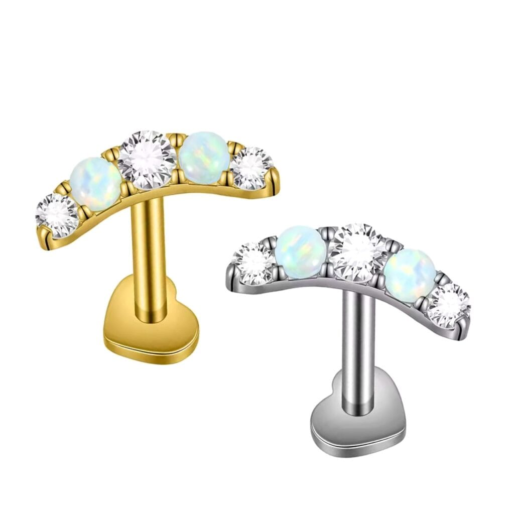 Titanium Curved Opal and CZ Labret with Heart Base, Threaded
