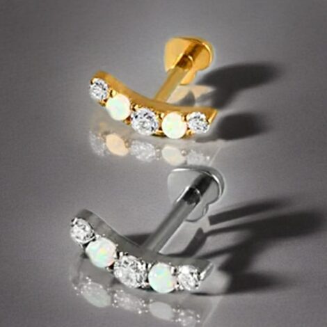 Titanium Curved Opal and CZ Labret with Heart Base, Threaded - Image 3