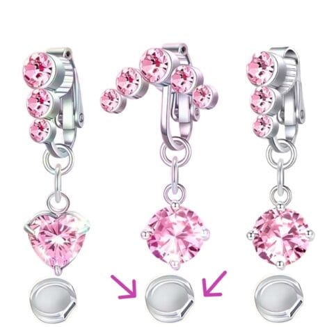 Fake Clip On Belly Ring with Triple Pink Gem Top and Pad