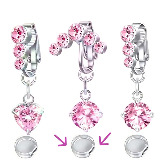 Fake Clip On Belly Ring with Triple Pink Gem Top and Pad
