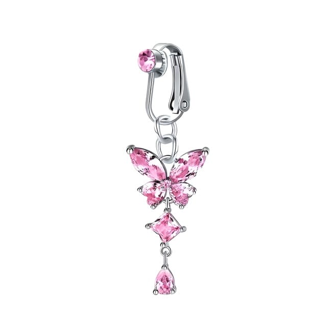Fake Clip On Belly Ring with Gem Top and Butterfly Dangle