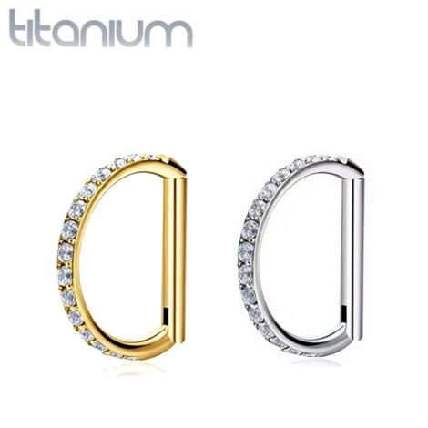 Titanium Hinged D Shape Ring with Side Facing Pave CZ