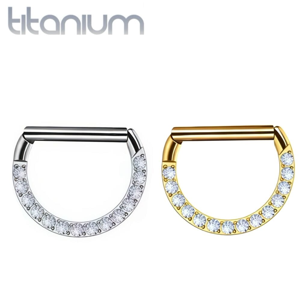 Titanium Hinged D Shape Ring with Front Facing Pave CZ