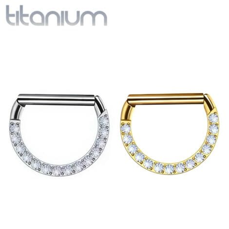 Titanium Hinged D Shape Ring with Front Facing Pave CZ