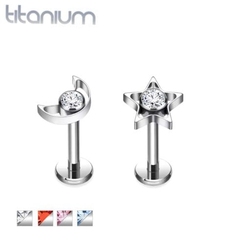 Titanium CZ Set Moon and Star Labret Cartilage Threaded