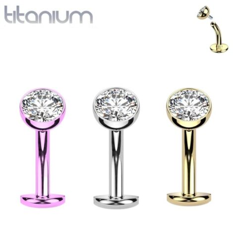 14G Titanium Floating Base Belly Ring With CZ Top, Threaded - Image 1