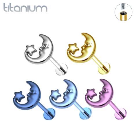 ASTM Titanium Star and Moon Face Top Internally Threaded Labret - Image 1